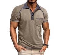 MakingDa Mens Polo Shirts Short Sleeve Smart Casual Summer Polos Regular Fit Collared T Shirt with Pocket Contrasting Stitching Golf Tops-Khaki-XL