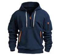 MakingDa Mens Quarter Zip Pullover Hoodie Zipped Pocket Fleece Drawstring Long Sleeve Tracksuit Tops Cuffed Shirts Hoody Loose Fit Casual Classic Fashion Work Hooded Sweatshirts Dark Blue XL