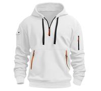 MakingDa Mens Quarter Zip Pullover Hoodie Zipped Pocket Fleece Drawstring Long Sleeve Tracksuit Tops Cuffed Shirts Hoody Loose Fit Casual Classic Fashion Work Hooded Sweatshirts White XL