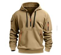 MakingDa Mens Quarter Zip Pullover Hoodie Zipped Pocket Fleece Drawstring Long Sleeve Tracksuit Tops Cuffed Shirts Hoody Loose Fit Casual Classic Fashion Work Hooded Sweatshirts Khaki M