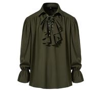 MakingDa Mens Renaissance Pirate Ruffled Frilly Shirt Jabot Collar Victorian Medieval Costume Retro Steampunk Gothic Ruffle Tops-Army Green-L