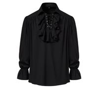 MakingDa Men's Retro Renaissance Steampunk Victorian Long Sleeve Jabot Collar Medieval Pirate Lace Up Shirt Tops-Black-XL