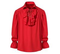 MakingDa Men's Retro Renaissance Steampunk Victorian Long Sleeve Jabot Collar Medieval Pirate Lace Up Shirt Tops-Red-XL
