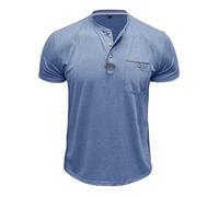 MakingDa Mens Short Sleeve Henley Shirts Summer Slim Fit Stylish 3 Buttons Collarless Shirts Classic Casual Golf Work T-Shirt Lightweight Soft Breathable Chest Pocket Tee Tops Light Blue M
