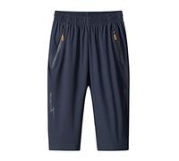 MakingDa Mens Shorts 3/4 Joggers Capri Casual Sports Pants Summer Loose Zip Gym Running Training Bottoms Elastic Waist Below Knee Short with Zip Pocket Work Sweatpants（Blue，L）
