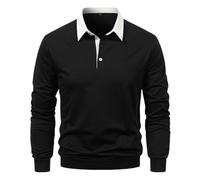 MakingDa Mens Sweatshirts Solid Color Smart Casual Long Sleeve Comfy Polo Neck Jumpers Slim Fit Stylish 3 Button Basic Pullover Top for Daily Leisure Work Sports-Black-L