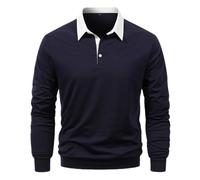 MakingDa Mens Sweatshirts Solid Color Smart Casual Long Sleeve Comfy Polo Neck Jumpers Slim Fit Stylish 3 Button Basic Pullover Top for Daily Leisure Work Sports-Dark Blue-L