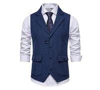 MakingDa Men's Tweed Suit Vest Formal Casual Classic V Neck Solid Color Sleeveless Vintage Herringbone Waistcoats with Pocket for Wedding Party Business 1920s Costume-Dark Blue-S