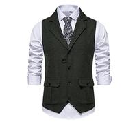 MakingDa Men's Tweed Suit Vest Formal Casual Classic V Neck Solid Color Sleeveless Vintage Herringbone Waistcoats with Pocket for Wedding Party Business 1920s Costume-Green-M