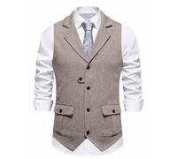 MakingDa Men's Tweed Suit Vest Formal Casual Classic V Neck Solid Color Sleeveless Vintage Herringbone Waistcoats with Pocket for Wedding Party Business 1920s Costume-Khaki-2XL