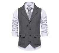 MakingDa Men's Tweed Suit Vest Formal Casual Classic V Neck Solid Color Sleeveless Vintage Herringbone Waistcoats with Pocket for Wedding Party Business 1920s Costume-Grey-2XL