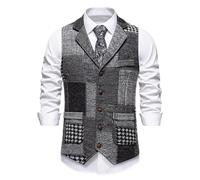 MakingDa Patchwork Waistcoat Mens Casual Vintage Slim Fit V-Neck Single Breasted Waist Coats with Pocket for Wedding Party Business-Dark Grey-2XL
