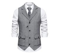 MakingDa Tweed Waistcoat Men Vintage Casual Herringbone Suit Vest Slim Fit V Neck Sleeveless Formal Waist Coats with Pocket for Wedding Party Business-Black-S