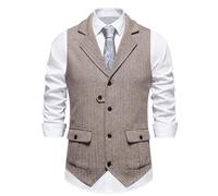MakingDa Tweed Waistcoat Men Vintage Classic Casual Lapel Waist Coats Slim Fit Herringbone Formal Suit Vest Sleeveless Jackets with Pocket-Khaki-L