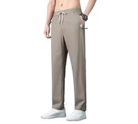 MakingDa UPF50+ Men's Straight Ice Silk Trousers Summer Cool Feeling Breathable Confy Sweatpants Quick Dry Stretch Drawstring Lonuge Sports Pants with Zip Pocket-Khaki-2XL