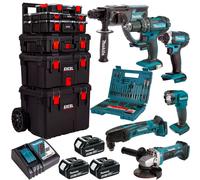 Makita 18V 6 Piece Tool Kit 3 x 5.0Ah Battery & 100Pcs Bit Set & Trolley Toolbox