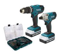 Makita 18V Cordless Combi Hammer Drill & Impact Driver Twin Pack + 74 Piece Set