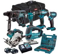Makita 18V LXT 6 Piece Tool Kit 2 x 5.0Ah Battery Charger Bag & 100Pcs Drill Set