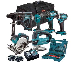 Makita 18V LXT 6 Piece Tool Kit 2 x 5.0Ah Battery Charger Bag & 100Pcs Drill Set