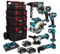 Makita 18V LXT 7 Piece Power Tool Kit 3 x 5Ah Battery Charger & Trolley Toolbox
