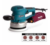 Makita BO6030/1 150mm Random Orbit Sander & Dust Bag 110V with 100x Sanding Disc