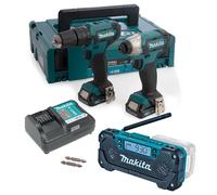 Makita CLX228AJ 12v CXT Cordless Combi Hammer Drill + Impact Driver +MR052 Radio