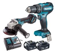 Makita DGA463 18V Angle Grinder & DHP485 Combi Drill 2 x 5.0Ah Battery & Charger