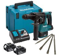 Makita DHR202RTJ 18V SDS+ Hammer Drill 2 x 5Ah Battery Charger & 4 Piece Chisel