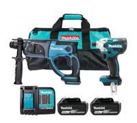 Makita DLX2555TX1 18V LXT Cordless SDS Plus Hammer Drill & Imapct Driver with 2 x 5Ah Batteries, Charger & Tool Bag