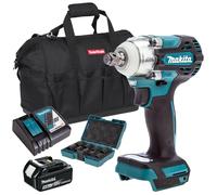 Makita DTW300Z 18V BL Impact Wrench 1 x 5.0Ah Battery Charger & 9pcs Socket Set
