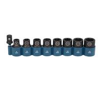 Makita E-16645 Impact Black Impact Socket Set 1/2 Inch 9-Piece SW8 - SW18 with Adaptor 50 mm 1/4 Inch Hex to 1/2 Inch Square, Chrome-Molybdenum, Impact Sockets 38 mm Long