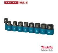 Makita E-16645 Impact Black Impact Socket Set 1/2 Inch 9-Piece SW8 - SW18 with Adaptor 50 mm 1/4 Inch Hex to 1/2 Inch Square, Chrome-Molybdenum, Impact Sockets 38 mm Long