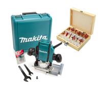 Makita RP0900X 240V 1/4" and 3/8" Plunge Corded Router + 15 Piece Set + Case