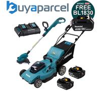 Makita Twin 18V (36V) 530mm Push Lawn Mower X2 5Ah Kit + Dur181Z 18V Strimmer