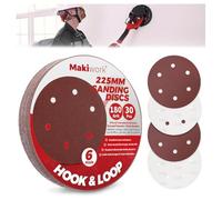 Makiwork 30PCS 225mm 6-Hole 180 Grit Hook & Loop Sanding Discs - Heavy-Duty Aluminum Oxide Sandpaper for Drywall Sander, Paint Removal, Wood & Metal Surface Prep