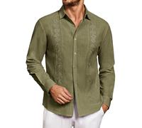 Makkrom Men's Casual Cotton Linen Button Down Shirts Cuban Guayabera Shirt Long Sleeve Summer Beach Tops, Army Green, Medium