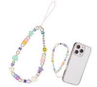 Makloee Cute Beaded Phone Charm, Smiley Face Beaded Lanyard Wrist Strap Fruit Letter Pearl Rainbow Handmade Clay Beads, Cute Mobile Phone Charm Decoration Chain Keychain for Girls Women