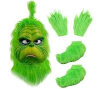 Makoike 3Pcs Green Monster Mask Gloves Shoe Covers Furry Monsters Full Head Mask Christmas Halloween Carnival Cosplay Costume Props (A)