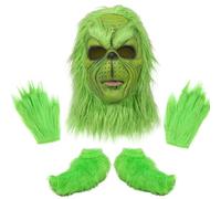 Makoike 3Pcs Green Monster Mask Gloves Shoe Covers Furry Monsters Full Head Mask Christmas Halloween Carnival Cosplay Costume Props (B)