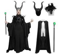 Makoike 4Pcs Evil Queen Costume Women Witch Maleficent Horns Feather Cape Cloak Carnival Halloween Costume Cosplay Props