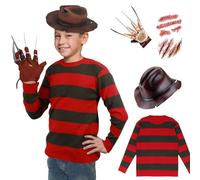 Makoike 4Pcs Freddy Krueger Costume Kids Striped Sweater Zombie Scar Sticker Freddy Glove Cowboy Hat Halloween Costume Props