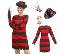 Makoike 4Pcs Freddy Krueger Costume Women Halloween Nightmare Killer Knitted Dress Hat Gloves Scar Stickers Carnival Costume