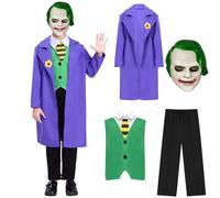 Makoike 4Pcs Joker Costume for Kids Knight Costume Scary Killer Clown Mask Vest Coat Pants Halloween Costume Cosplay Props