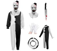 Makoike 5Pcs Art the Clown Costume Kids Terrifying Mask with Scary Killer Clown Costume Carnival Halloween Outfit Cosplay Props