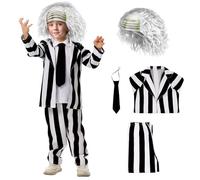 Makoike Kids Beetle Juice Costume Boys Black White Striped Tops Pants Beetle Juice Wigs Tie Halloween Costume Cosplay Props