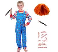Makoike Kids Chucky Costume Boys Killer Outfit Chucky Wig Jumpsuit Stripe Tops Halloween Costume Cosplay Props