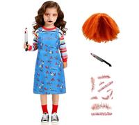 Makoike Kids Chucky Costume Girls Horror Killer Doll Dress with Rainbow Shirt Scar Stickers Halloween Costume Props