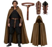 Makoike Medieval Cloak with Hood 3Pcs Renaissance Cape Viking Belt Leather Bracers Halloween Sorcerer Costume Accessories Adult Men Women