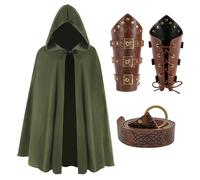 Makoike Medieval Cloak with Hood 3Pcs Renaissance Cape Viking Belt Leather Bracers Halloween Sorcerer Costume Accessories Adult Men Women
