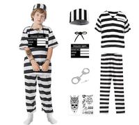 Makoike Prisoner Costume Kids 7Pcs Jail Inmate Costume Convict Uniform Striped Robber Outfits Halloween Cosplay Props